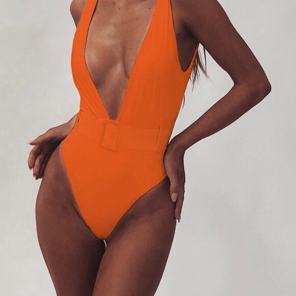 Wide Strap Deep V Neck One-Piece Swimwear - SHIPS WITHIN 24 HOURS - Picture 2 of 3